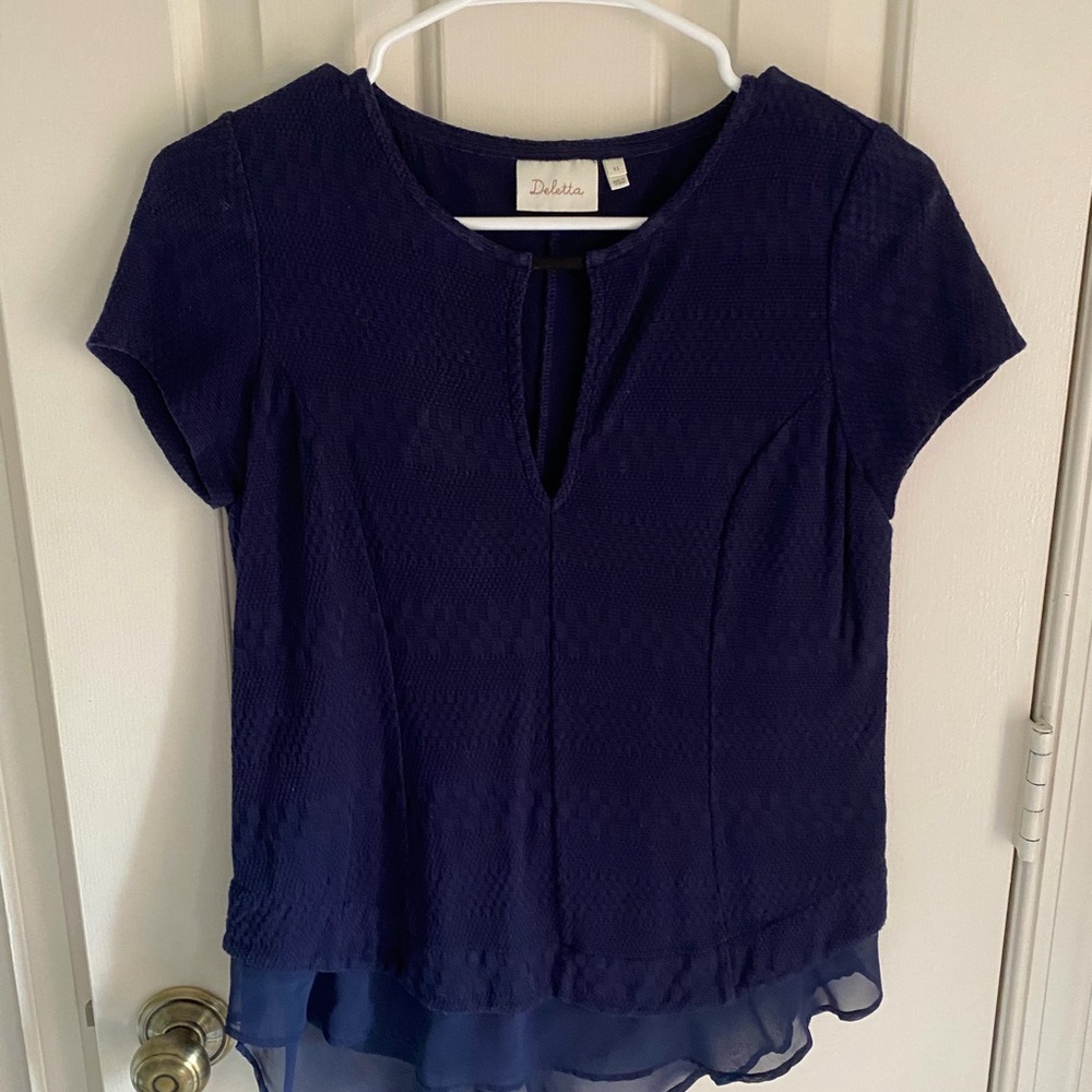 Anthropologie Navy Short-Sleeve Keyhole Blouse